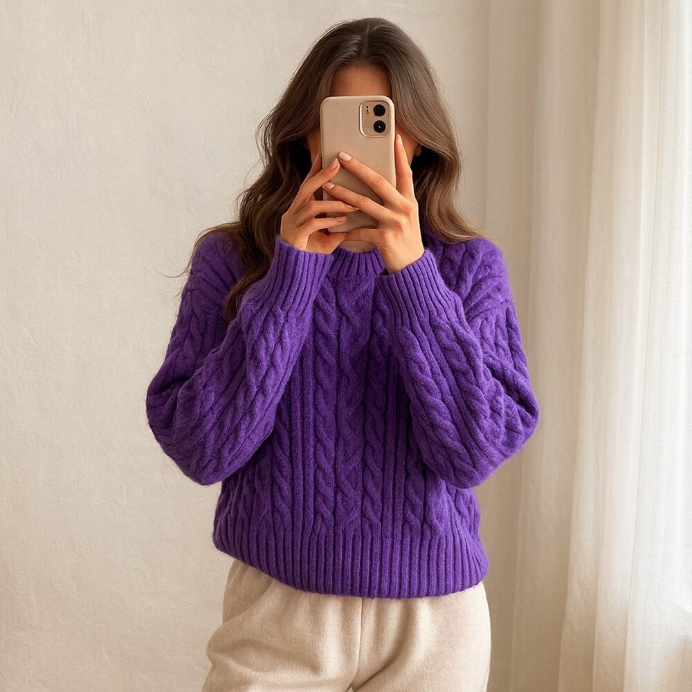 Purple Cable Knit Sweater Cozy Soft Classic Winter Retro Vintage Inspired Small